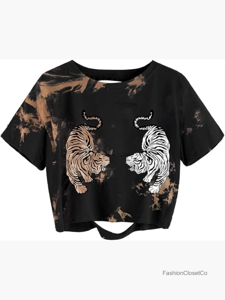 Women's Tiger Graphic Cropped Tee Shirt Distressed Ripped Crop Top
